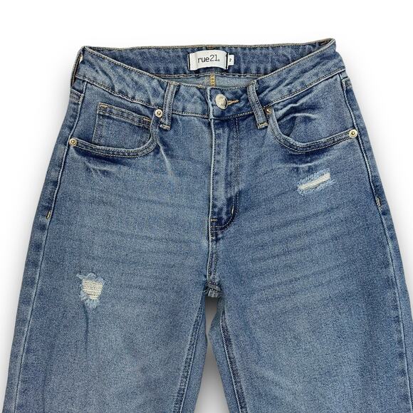Rue 21 Womens Relaxed Baggy Mid Rise Waist Jeans Distressed Medium Wash Size 2 - Picture 2 of 8